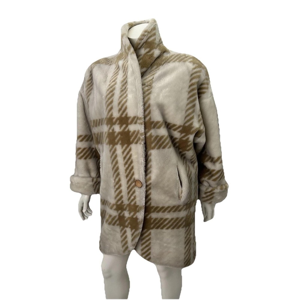 Vintage Donnybrook Faux Fur Cocoon Coat Plaid Beige‎ Quiet Luxury Old Money L
